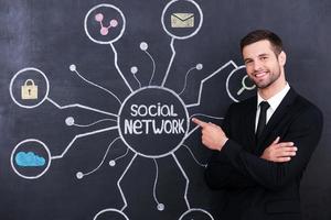 Soziales Netzwerk. hübscher junger Mann, der gegen die Kreidezeichnung des sozialen Netzwerks auf der Tafel steht und darauf zeigt foto