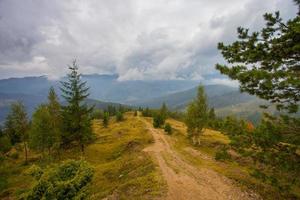 Straße zu den Bergen mit blauem Himmel in Karpaten foto