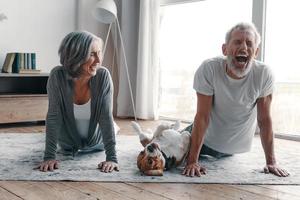 Modernes Seniorenpaar in Sportkleidung, das Yoga macht und lächelt, während es Zeit zu Hause mit seinem Hund verbringt foto