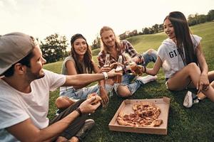bestes Wochenende überhaupt. Gruppe junger lächelnder Menschen in Freizeitkleidung, die mit Bier anstoßen, während sie ein Picknick im Freien genießen foto