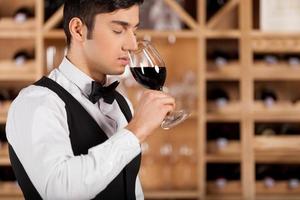 Wein probieren. Zugeschnittenes Bild eines selbstbewussten jungen Sommeliers, der mit Weinflaschen vor einem Regal steht und die Arme verschränkt hält foto