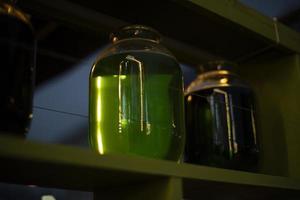 Glas mit grüner Flüssigkeit. transparente Kapazität. Bar-Interieur. foto