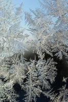 Schneeflocken Frost Raureif Makro auf Fensterglasscheibe foto