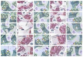 eine Collage aus vielen Bildern von Hunderten von Dollar- und Euroscheinen, die auf einem Stapel liegen foto