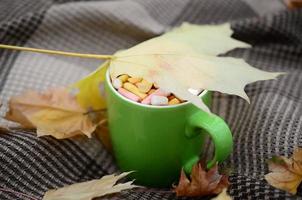 herbstblätter und heißer dampfender kaffee liegen auf kariertem plaid im freien foto