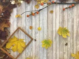 rechteckiger bilderrahmen aus holz und gelbe, bunte natürliche herbstblätter, ahorn auf dem hintergrund von holzbrettern. der Hintergrund. Textur foto