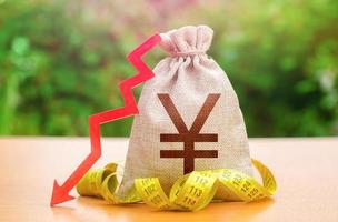 Chinesischer Yuan oder japanischer Yen-Geldbeutel mit Abwärtspfeil und Maßband. sinkende Löhne und Sozialleistungen. Lohnkürzungen, Kürzungen von Sozialleistungen. Kapitalabfluss. Senkung des Diskontsatzes durch die Nationalbank