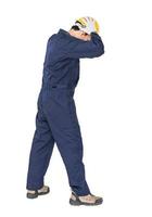 Arbeiter mit blauen Overalls und Hardhat in einer Uniform mit Beschneidungspfad foto