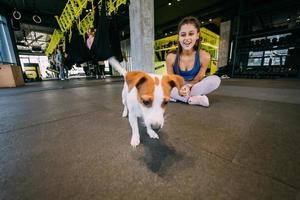 Süßer Jack-Russell-Hund im Fitnessstudio mit ihrer Besitzerin. foto