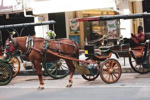 yogyakarta, indonesien am 23. oktober 2022. andong oder pferdekutsche mit kutscher parkte auf jalan malioboro und wartete auf passagiere. foto