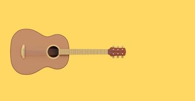realistische Akustikgitarre, Vorderansicht. 3D-Rendering. Symbol auf gelbem Hintergrund, Platz für Text. foto
