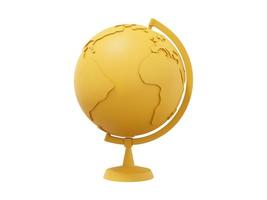 Globus Erde auf einem Ständer. minimalistischer Zeichentrickfilm. gelbes Symbol auf weißem Hintergrund. 3D-Rendering. foto