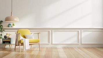 weiße wandattrappe in warmen tönen mit gelbem sessel und minimaler dekoration. 3D-Darstellungswiedergabe