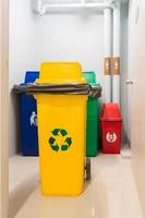 Gelbe Mülltonne für wiederverwertbare Abfälle und Rot, Grün und Blau für gefährliche, biologisch abbaubare und allgemeine Abfälle. recyclingmanagement, abfalltrennung, müll- und abfallkonzept foto