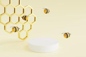 goldene Waben und kleine Bienen. mit leeren Sockeln für Produktwerbung. Cartoon-Symbol-Konzept. 3D-Rendering foto