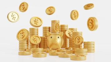 Goldenes Schwein, Sparschwein und Goldmünzen, auf weißem Hintergrund, 3D-Rendering foto