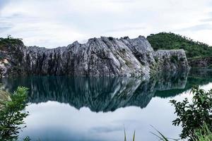 Die Kalksteinberge bilden nach der Konzessionsexplosion während der Regenzeit einen großen und schönen Teich. foto