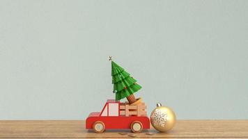 der weihnachtsbaum im holzlastwagen auf holztisch 3d-rendering foto