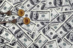 bitcoin erhält neue harte gabelwechsel, physische goldene kryptowährungsmünze unter der gabel auf dem dollarhintergrund. Blockchain-Transaktionssystem-Krisenkonzept foto