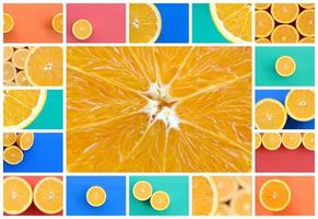 eine Collage aus vielen Bildern mit saftigen Orangen. Reihe von Bildern mit Früchten auf Hintergründen in verschiedenen Farben foto