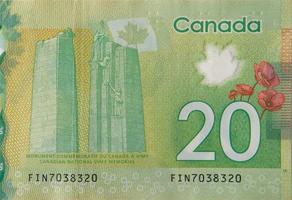 Canadian National Vimy Memorial aus Kanada 20 Dollar 2012 Polymer-Banknotenfragment foto