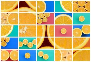 eine Collage aus vielen Bildern mit saftigen Orangen. Reihe von Bildern mit Früchten auf Hintergründen in verschiedenen Farben foto