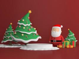 abstrakter weihnachtshintergrund mit weihnachtsmann, roter farbe, podiumsdesign für schaufenster oder produktanzeige, 3d-rendering. foto