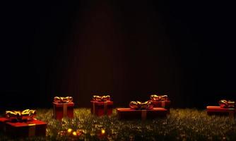 3d-rendering realistisches weihnachtskonzept mit geschenkbox und dekoration bei schwachem licht foto