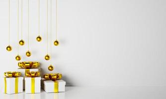 3d-rendering realistische weihnachtsgeschenkbox mit hängender golddekoration im weißen raum. 3D-Darstellung foto