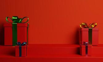 weihnachts- und neujahrshintergrund mit roter geschenkbox auf rotem hintergrund. 3D-Rendering-Hintergrund foto