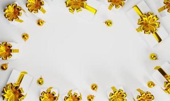 minimaler draufsichthintergrund mit goldener weihnachtsdekoration und weißer geschenkbox auf 3d-rendering foto