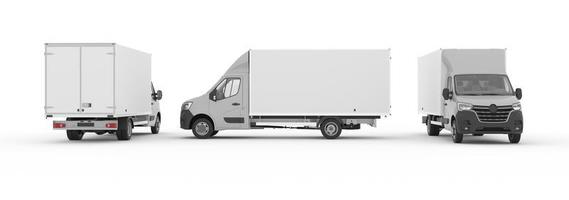 Kastenwagen-Modell 3D-Rendering, Lieferwagen-Werbemodell, Cargo-Express-Van-Fahrzeug, Pickup-Auto auf weißem Hintergrund-Modell. Es ist einfach, ein kreatives Design oder Logo in diese Leerstelle einzufügen foto