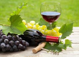 Rotweinglas und Flasche mit Weintraube foto
