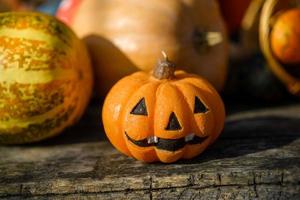 Familienspaß - geschnitzte Kürbisse in Kürbislaternen für Halloween aus nächster Nähe foto