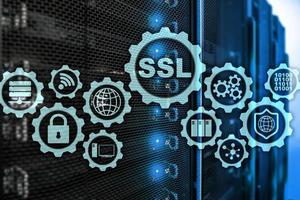SSL Secure Sockets Layer-Konzept. kryptografische Protokolle bieten gesicherte Kommunikation. Hintergrund des Serverraums. foto