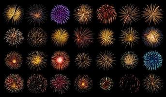 sammlung set erstaunlich schönes feuerwerk isoliert auf schwarzem hintergrund zum feierjubiläum frohen heiligabend und guten rutsch ins neue jahr foto