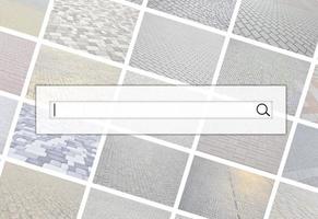 Visualisierung der Suchleiste auf dem Hintergrund einer Collage aus vielen Bildern mit Fragmenten von Pflastersteinen in Nahaufnahme. Reihe von Bildern mit Pflasterstein foto