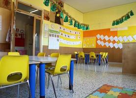 Kindergarten Klassenzimmer mit Stühlen und Tisch mit Zeichnungen von ch
