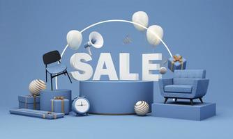 flash sale banner vorlage sonderangebot rabatt konzept verkauf von wohndekorationen und möbeln während aktionen. umgeben von Sofas, Stühlen und Werbeflächen. Pastellhintergrund. 3D-Rendering foto