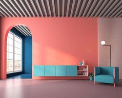 farbenfrohes wohnzimmer mit dekoration auf lebender korallenfarbener wand und gewölbter tür, tv-schrank und sessel. 3D-Rendering foto