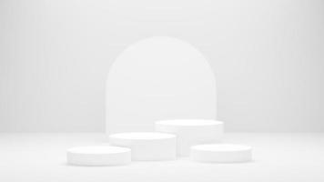 weißes podium oder weiße kreisplattform auf der hellen beleuchtung des studios, minimales und sauberes konzept für die platzierung von produkten, 3d-rendering-bild. foto