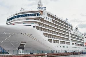 weißes kreuzfahrtschiff, das im hafen angedockt ist foto