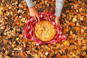 Draufsicht auf die Hände der Frau mit Messer und Apfelkuchen auf dem rot karierten Handtuch auf einem Hintergrund aus trockenen gelben Herbstblättern. foto