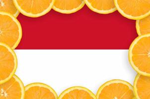 indonesische flagge im rahmen mit frischen zitrusfruchtscheiben foto