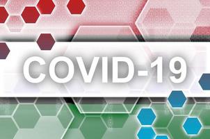 libyen-flagge und futuristische digitale abstrakte komposition mit covid-19-inschrift. konzept des coronavirus-ausbruchs foto