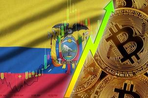 Ecuador-Flagge und wachsender Trend der Kryptowährung mit vielen goldenen Bitcoins foto