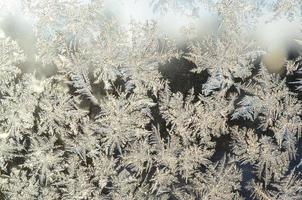 Schneeflocken Frost Raureif Makro auf Fensterglasscheibe foto