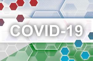dschibuti-flagge und futuristische digitale abstrakte komposition mit covid-19-aufschrift. konzept des coronavirus-ausbruchs foto
