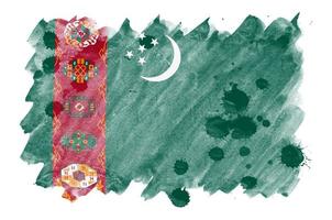 turkmenistan-flagge wird in flüssigem aquarellstil lokalisiert auf weißem hintergrund dargestellt foto