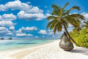 erstaunliche strandlandschaft, super breiter panoramischer exotischer reisehintergrund. luxusreisen, idyllisches paar flitterwochen liebesziel. Sonniger Meeressandhimmel, exotische Resortküste. Palmenlagune, Meereslandschaftsbanner foto